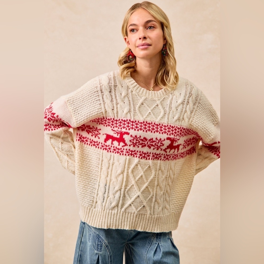 ⚡️ 📦 BiBi “ Nordic Nights “ Cableknit Fair Isle Sweater | Cream - Picture 7 of 10